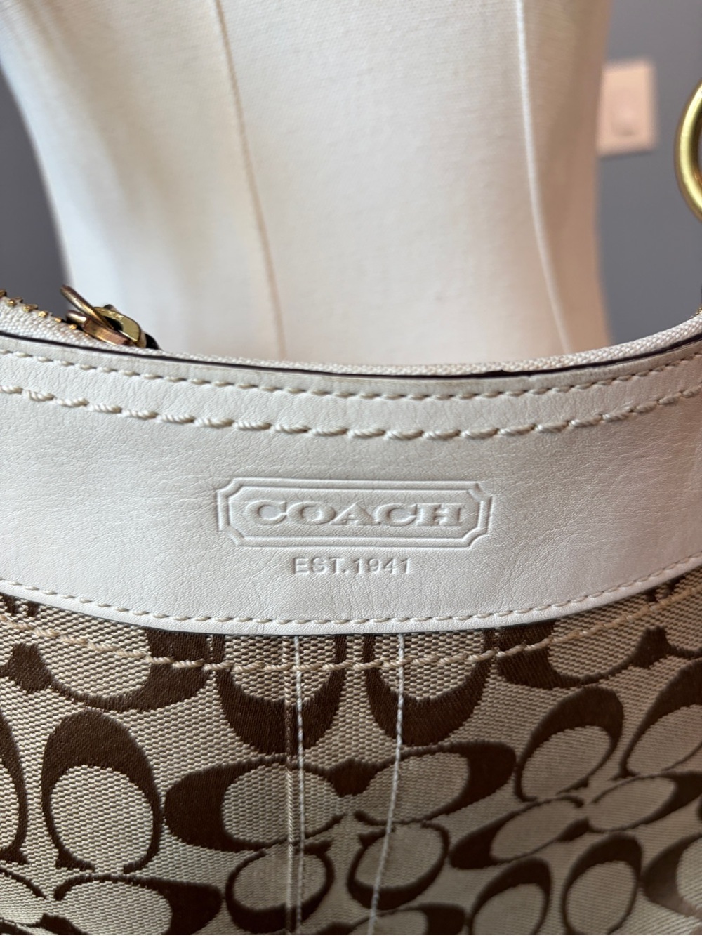 Coach Legacy Signature Hobo 10403 Khaki Jacquard Ivory Leather Shoulder Bag - Picture 8 of 11
